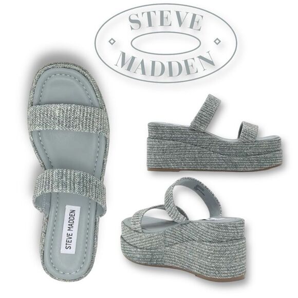 STEVE MADDEN Women’s Merrcer Platform Slide Sandals in the Size 9 in Blue Raffia - Picture 1 of 10